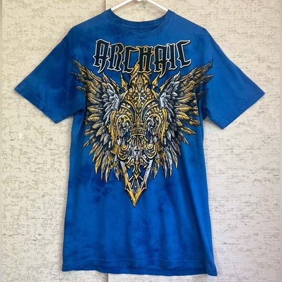 Affliction Archaic Blue Graphic T-Shirt Sz L Front and Back Graphics Excellent - Picture 1 of 11